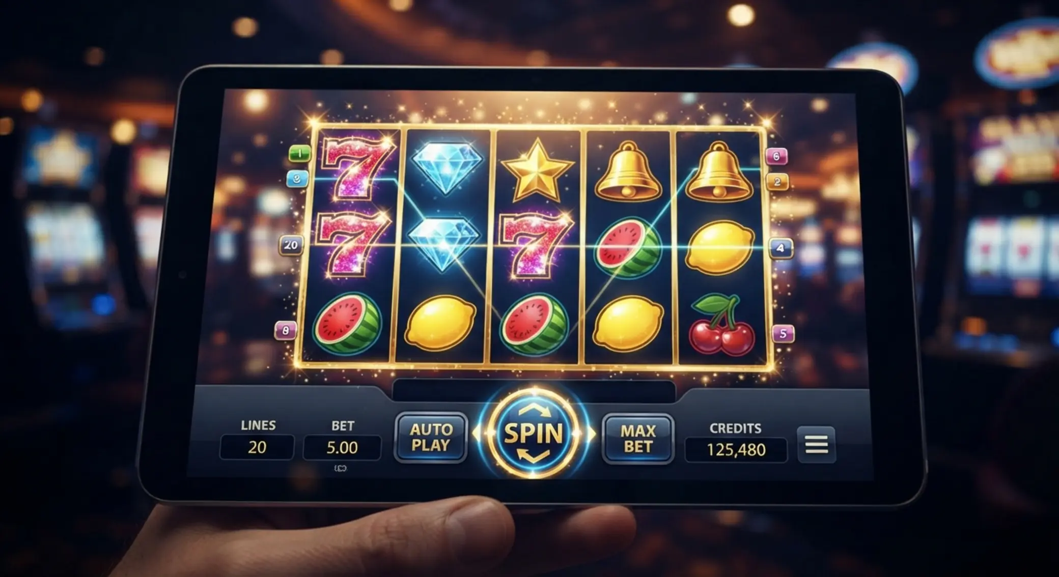 Automat online w zbliżeniu Ekran automatu online z symbolami i przyciskiem spin