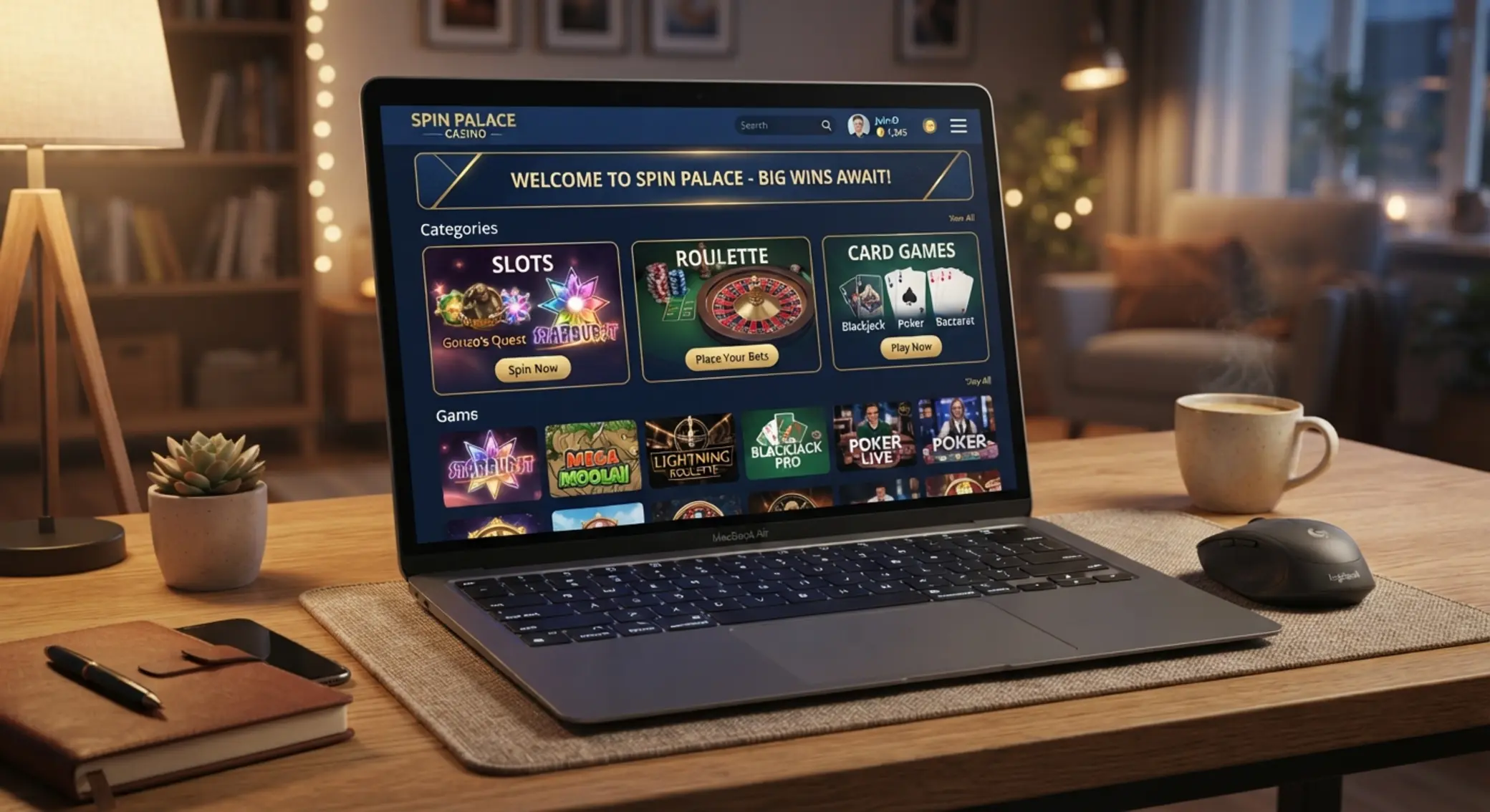 Lobby kasyna online z różnymi typami gier na ekranie laptopa