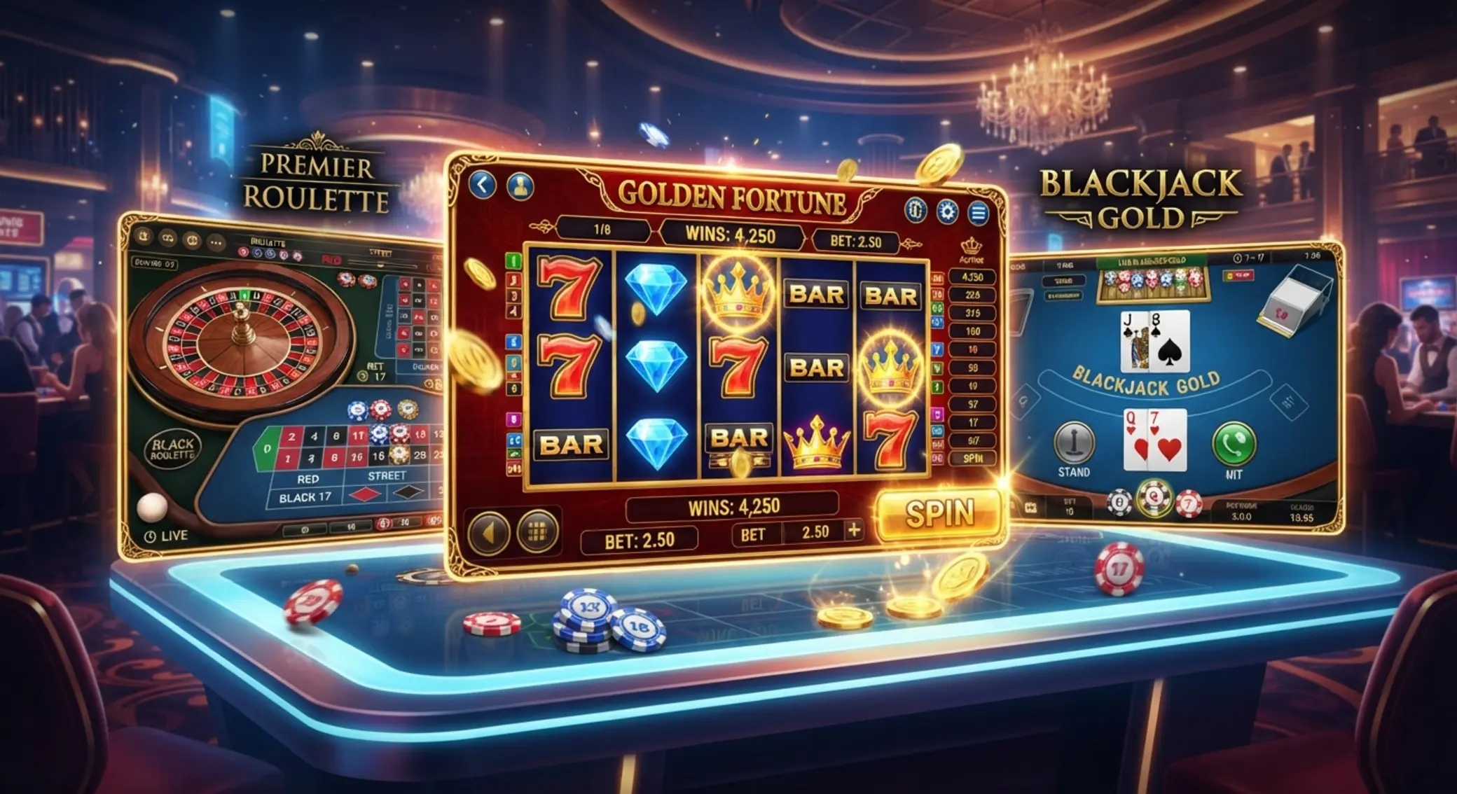 Ilustracja gier kasynowych online: sloty, ruletka i blackjack