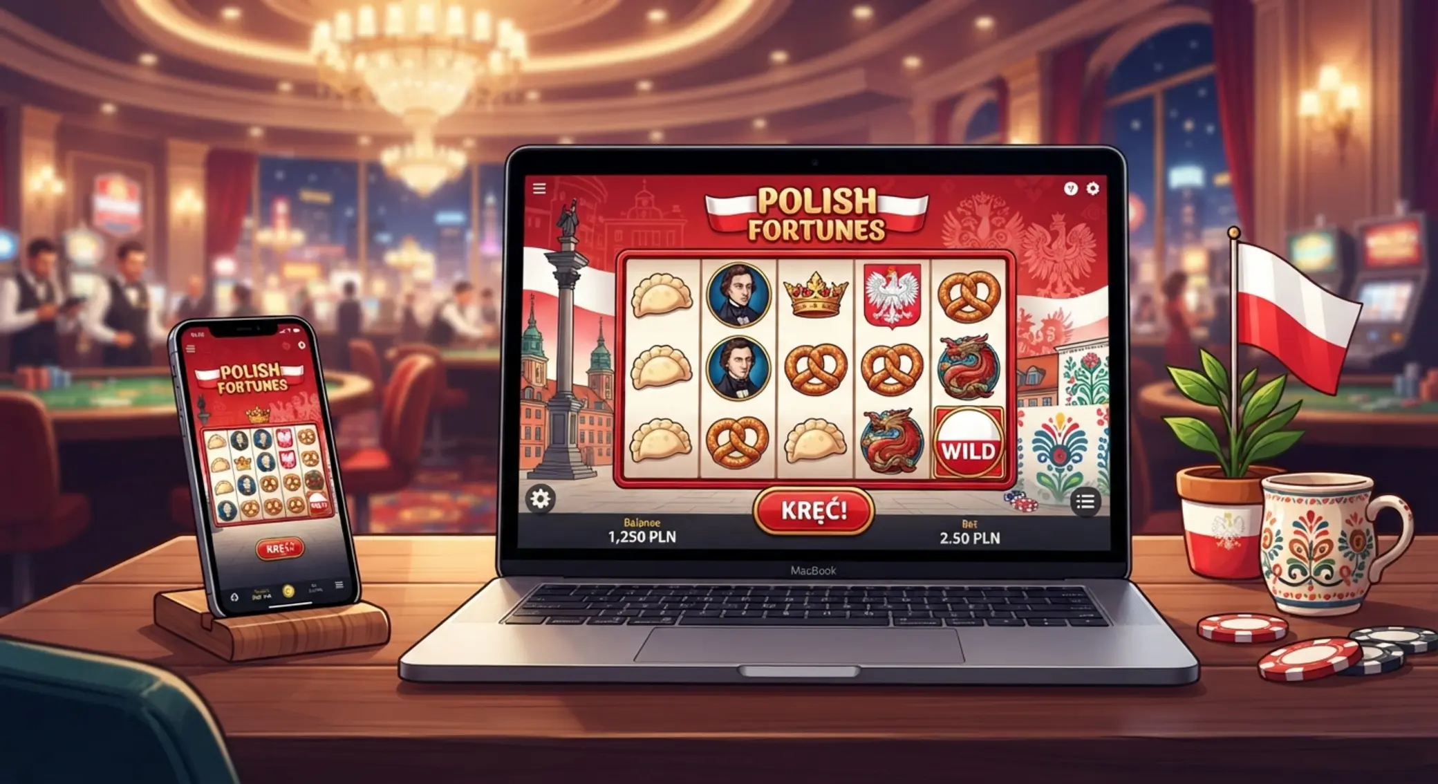 Sloty online z polskimi motywami na laptopie i telefonie